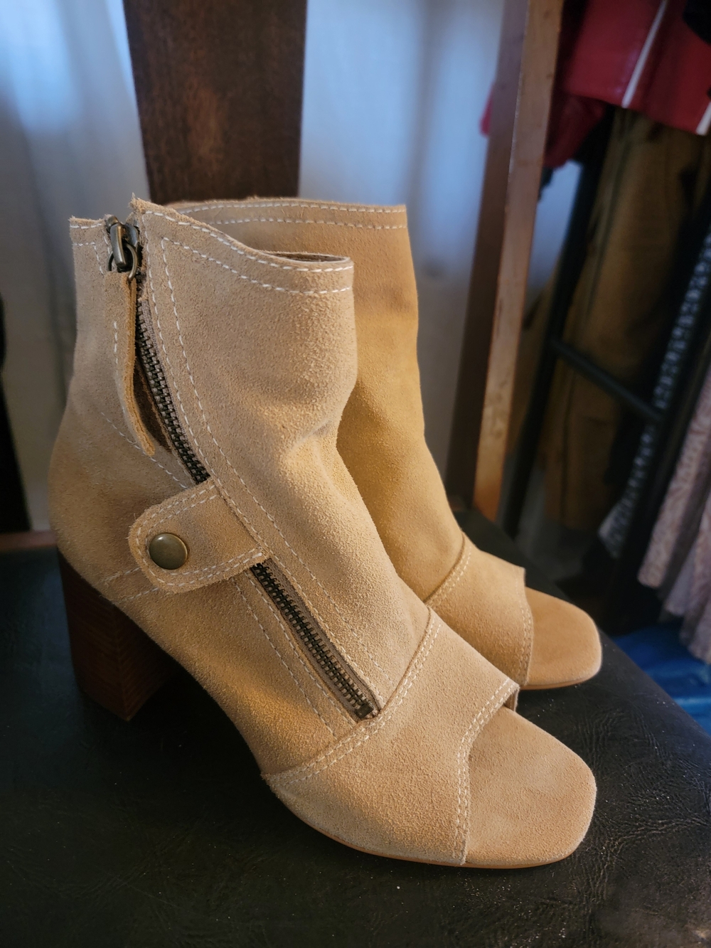 Matisse Beige Suede Open-Toe Ankle Booties with Side Zipper/ 7.5